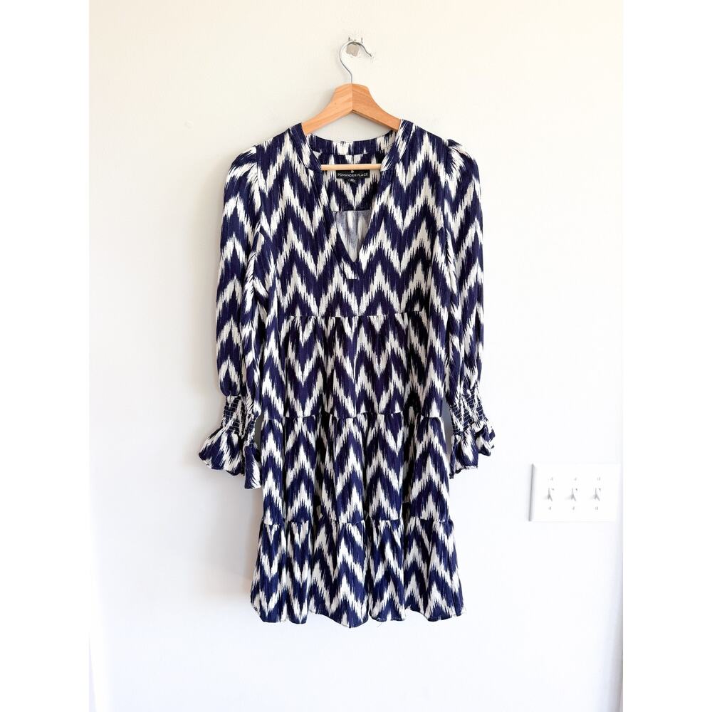 Pomander Place Kenzo Ikat Pattern V-Neck Ruffles Sleeve Mini Dress Blue XS